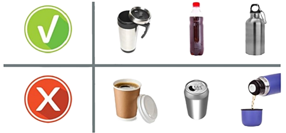 Getränkeregelung; erlaubt sind verschließbare Thermosbecher, Flaschen mit Schraubverschluss, Sigg-Flaschen; nicht erlaubt sind Kaffee-To-Go-Becher, Dosen und Thermoskannen