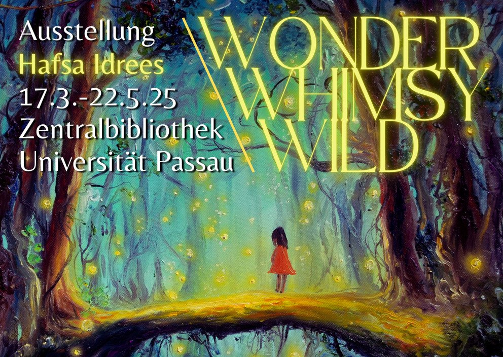 Name, Zeit und Ort der Ausstellung; im Hintergrund ein Gemäldeausschnitt, eine Person in einem mystischen Wald mit Lichtern